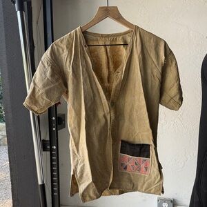 Japanese Vintage hand sewn Khaki Short-Sleeve V-Neck Button Shirt with Pocket